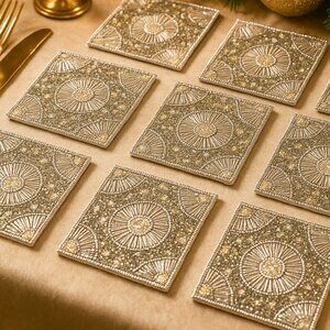 NWOT Set of 8 Silver Bedazzled Coasters in Matching Tray